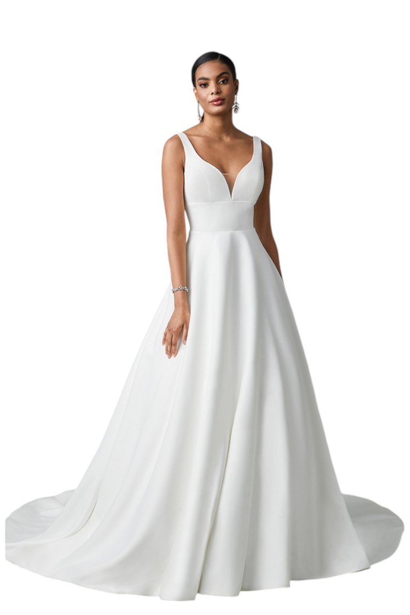 Ν000024 Satin A-Line Gown with Plunging V-Neckline